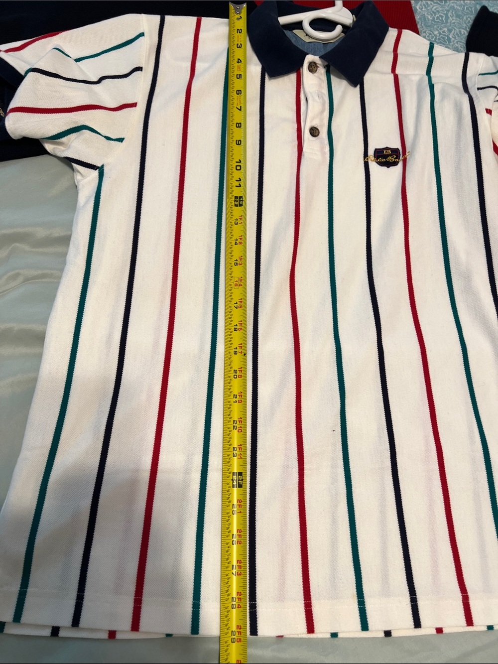 Vintage Eddie Bauer White Polo with Navy Collar and Red, Teal, and Black Stripes - Picture 7 of 8